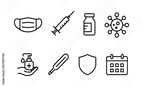 Healthcare icons set: medical mask, vaccine, virus, and more in linear style