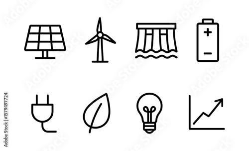 Renewable energy icons: solar, wind, hydro, battery, eco-friendly designs