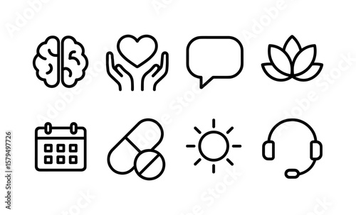 Minimalist line icons: health, communication, wellness, and support