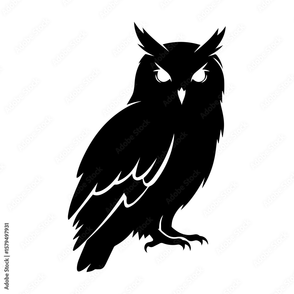 Obraz premium Black owl silhouette with pointed feathers and fierce expression 