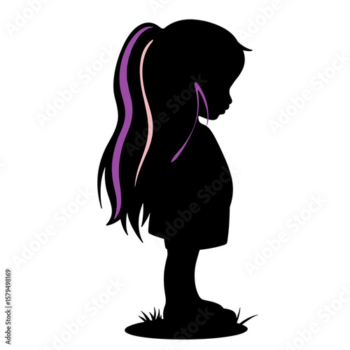 Silhouette of young girl with long hair standing on grass  
