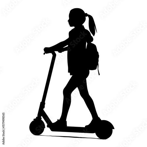 Young girl riding scooter silhouette with backpack outdoors  