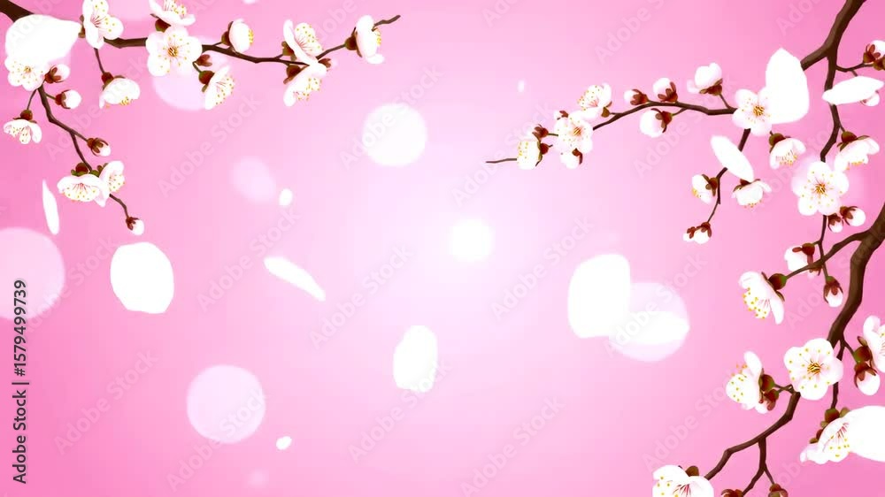 Elegant animated background of cherry blossom branches with falling petals against a soft pink bokeh light