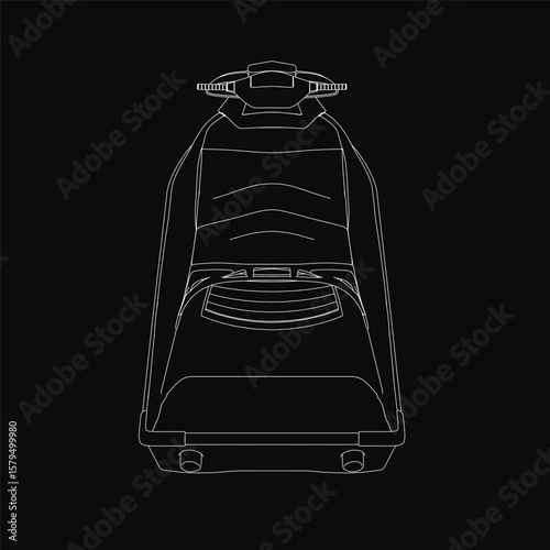A sleek black and white jet ski drawing with crisp white outlines stands out against a dark background. The water scooter design emphasizes speed and motion with clean, minimalist details from a back.