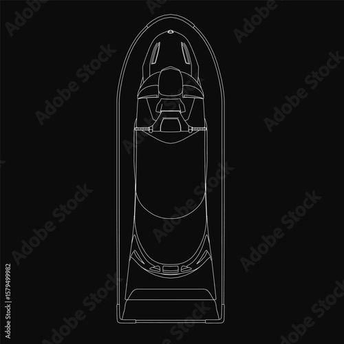 A sleek black and white jet ski drawing with crisp white outlines stands out against a dark background. The top-view water scooter design emphasizes speed and motion with clean, minimalist details.