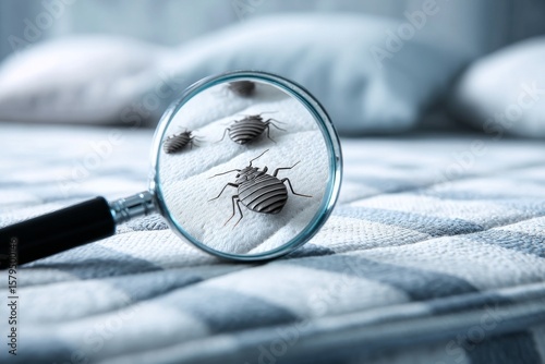 bed bugs and dust mites concept with the magnifying glass. Allergy and old linen that contains parasites.