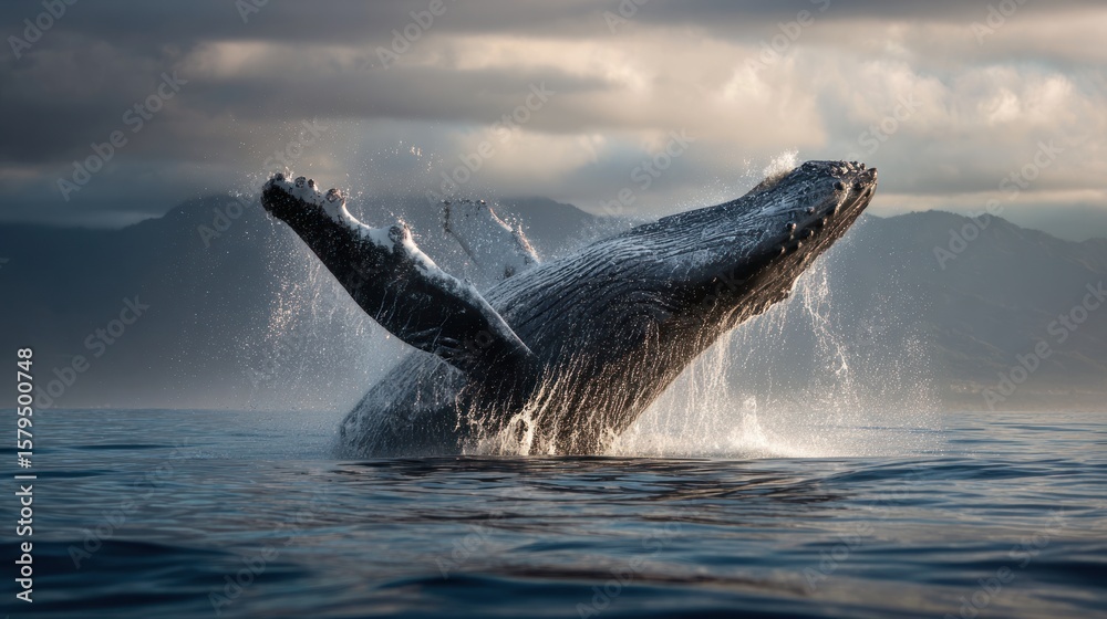 Fototapeta premium Whale leaping in dramatic ocean scene