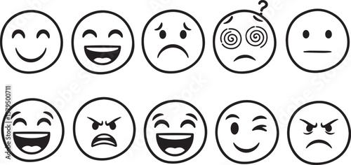 illustration set of different smiley face showing various emotions isolated on white or transparent png