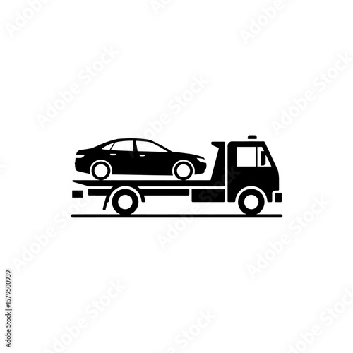 Silhouette Tow Truck Transports a Car Flatbed Emergency Vehicle Transporting Automobile Assistance and Roadside Help