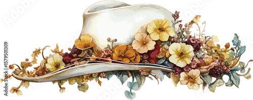 Elegant White Hat Adorned with a Bountiful Floral Arrangement