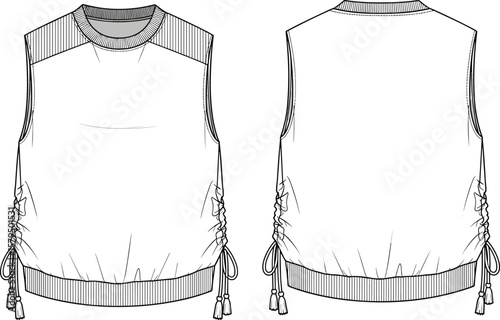 Drawstring side sleeveless top vector template, front and back fashion sketch, round neckline with ribbed trim, garment mockup illustration, editable apparel layout