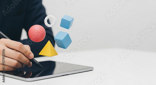 Digital design with floating 3D geometric shapes on tablet