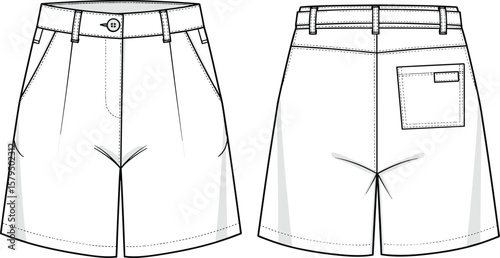Tailored shorts vector template, front and back fashion sketch, button closure, belt loop design, side and flap pockets, editable garment mockup illustration layout