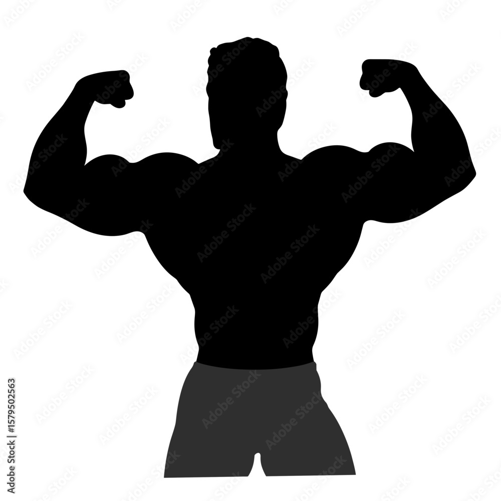 Fototapeta premium Silhouette of muscular man flexing arms with strong physique 