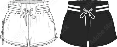 Striped waistband shorts vector template, front fashion sketch, drawstring closure design, curved hem detailing, editable activewear garment mockup illustration layout