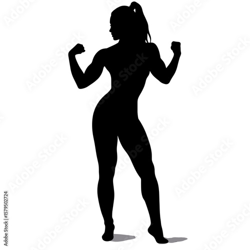 Silhouette of strong woman flexing muscles in dynamic pose  