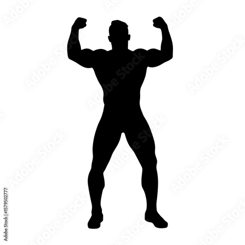 Silhouette of muscular man posing with arms raised  