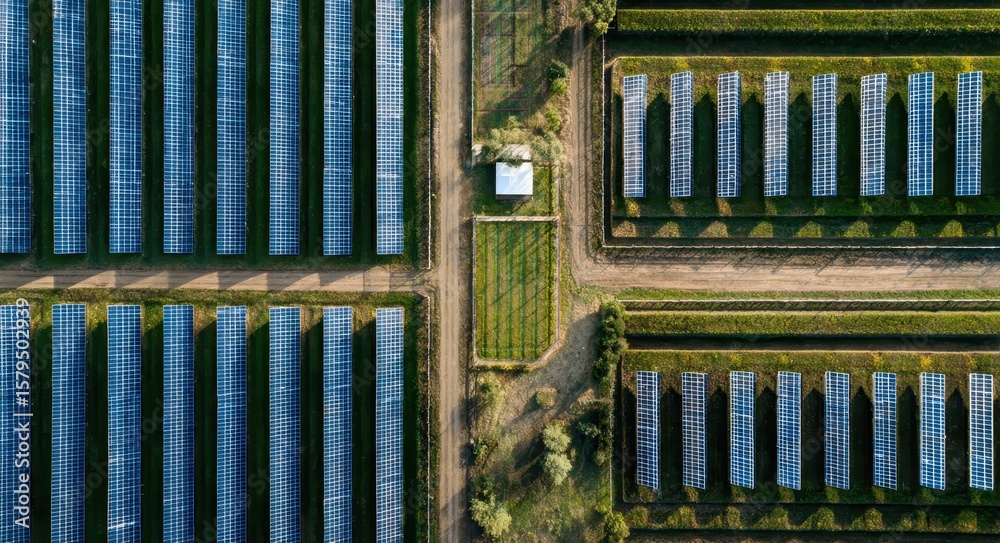 Obraz premium Bird's Eye View of a Solar Panel Array in a Renewable Energy Farm with a Clear Blue Sky