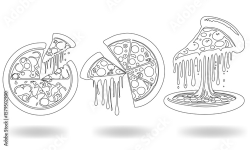 Minimalist Black and White Line Art of Melting Pizza Slices