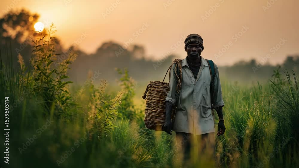 Backpack sways gracefully as person walks through golden grass at sunset, capturing the beauty of nature and movement