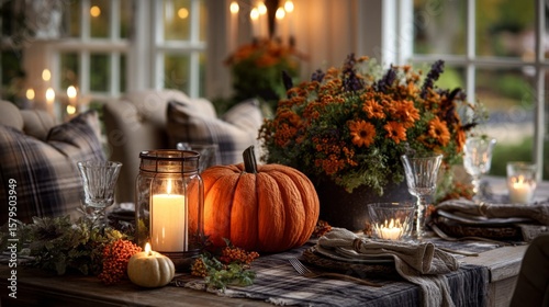 Autumnal Table Setting with Pumpkin and Flowers