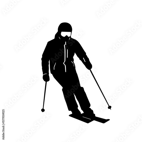 Skier descending a slope in winter attire on white background  