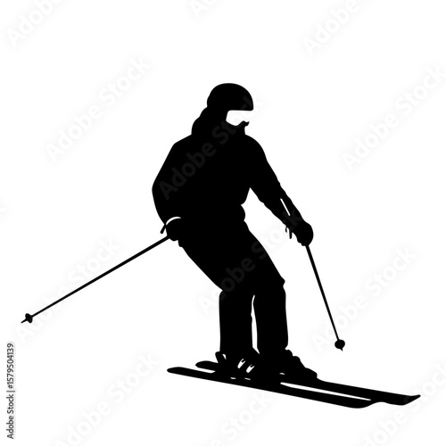 Skier descending slope with poles in dynamic silhouette pose  