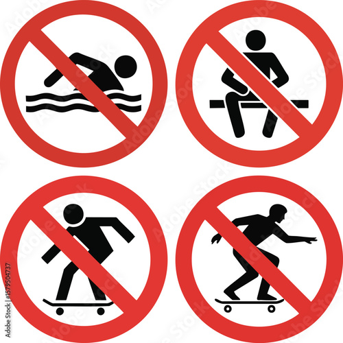 Vector Set Of Multiple Prohibited Signs Including Swimming Sitting Skateboarding Warning Symbol Red Circle Caution Safety Icon

