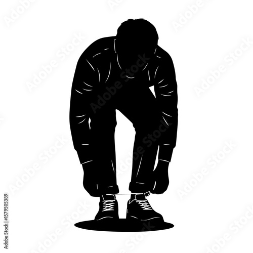 Man bending down to tie shoelaces in a minimalist silhouette style  