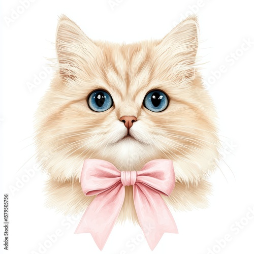 Cute fluffy cat with blue eyes wearing a pink bow tie, perfect for adorable pet-themed illustrations or designs
