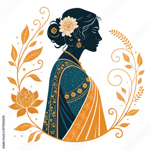 Elegant South Asian Woman Silhouette: Traditional Attire & Floral Design