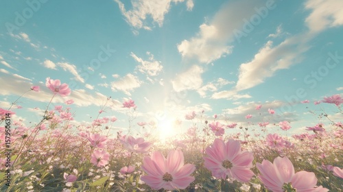 Low-angle view of a vast field of delicate pink cosmos flowers blooming under a vibrant, partly cloudy sky with a warm, sunlit ambiance