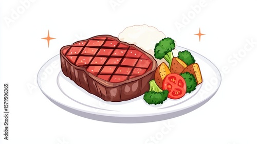 Delicious grilled steak served with fresh vegetables and fluffy mashed potatoes on a white plate