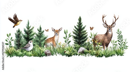 Serene Forest Scene Featuring Deer, Birds, Greenery, and Rocky Elements in a Natural Habitat