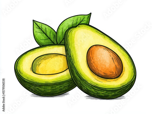 Hand-drawn Illustration of Fresh Avocado Halves with Green Leaves on a White Background