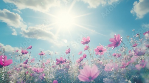 Low-angle view of a vibrant field of pink cosmos flowers blooming under a bright sun and a partly cloudy sky; soft, dreamy aesthetic