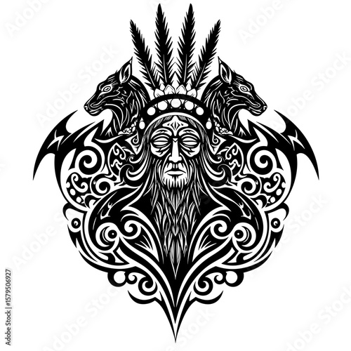 Shaman with animal spirits, bold intricate tribal design, sharp flowing lines, solid black on white background