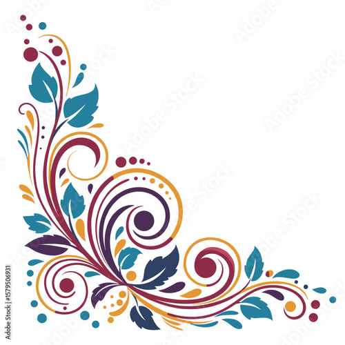 Ornamental vine and leaf border, bold geometric flat vector design, vibrant saturated colors, decorative nature-inspired frame
