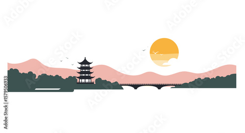 West Lake in minimalist flat vector style with soft pastel tones and bright accents, smooth shapes and clean lines, Hangzhou scenic illustration