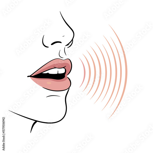 Female mouth with soft sound waves, minimalist flat vector design, elegant color palette, stylized minimal design on white background