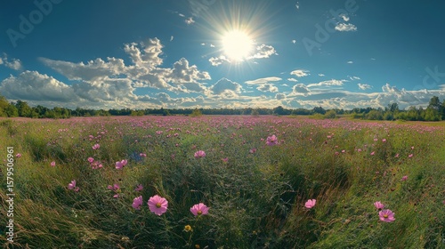 A vast field of pink cosmos flowers stretches to the horizon under a vibrant blue sky, dappled with fluffy white clouds and a bright sun radiating light