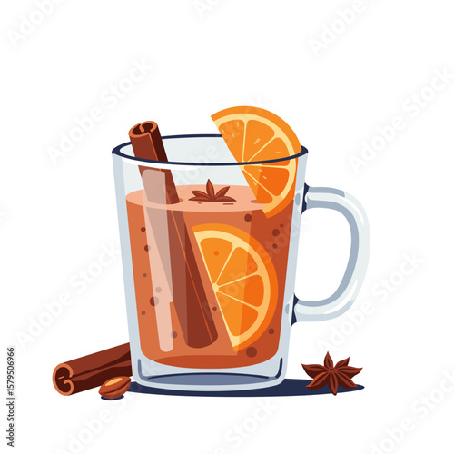 Clear glass mug filled with hot apple cider with cinnamon stick and orange slice, modern sleek flat vector design, bold saturated colors, vibrant palette