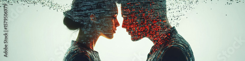 A man and woman standing face-to-face, their bodies partially digitized into flowing data streams, symbolizing communication breakdown and AI-assisted reconciliation.