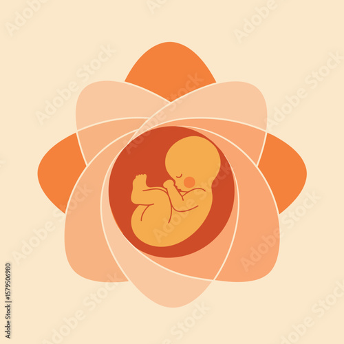 Embryo inside flower-shaped womb in conceptual vector art with gentle lines and warm tones symbolizing new life and femininity