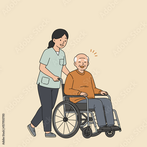 Caregiver pushing a smiling person in wheelchair, warm tones, minimal background, concept of care and inclusion