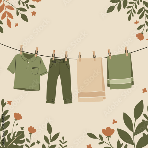Clothesline with organic cotton clothes and pegs surrounded by leaves and flowers, natural flat design, green and beige tones, eco-friendly concept on white background