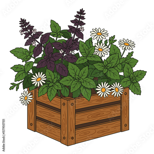 Garden crate overflowing with herbs and flowers, vibrant flat vector drawing, countryside style, colorful and lively composition