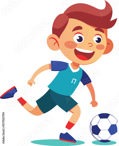 Joyful cartoon boy wearing a blue soccer uniform enthusiastically kicking a soccer ball during a game isolated on transparent background
