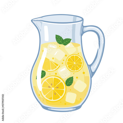 Glass pitcher with cold lemonade, ice cubes, lemon slices, and mint, bright flat colors, summer-themed vector illustration, white background