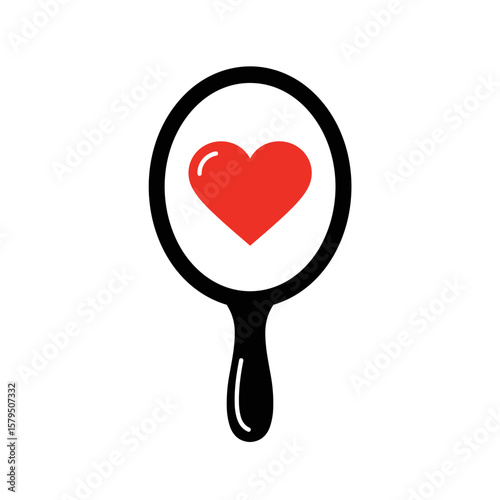 Handheld mirror with heart reflection in flat black and white, minimal vector design symbolizing self-love and self-reflection